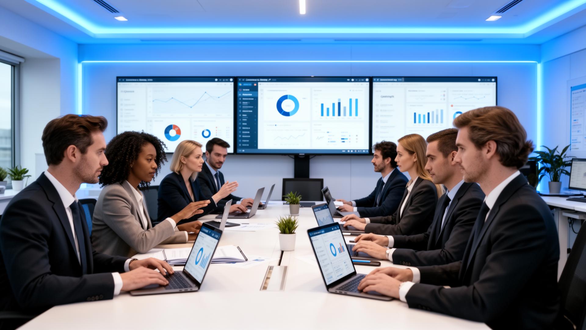 Corporate training session with business professionals analyzing data dashboards